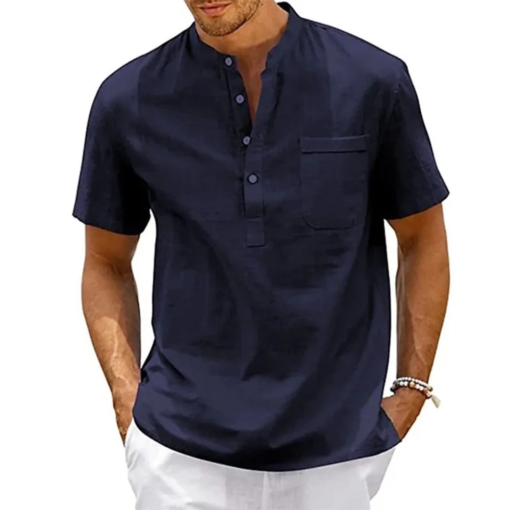 Mens Cotton Linen Short Sleeve Shirt With Henley Neck And Pocket For Casual Beachwear And Street St 12