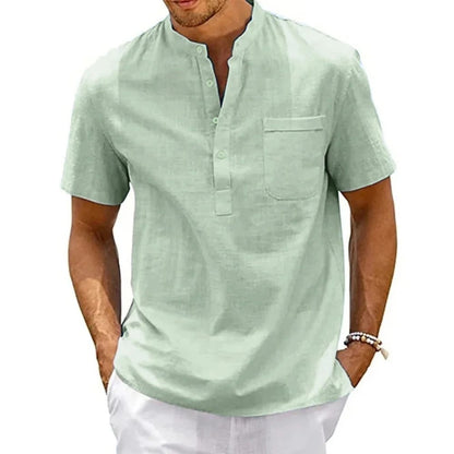 Mens Cotton Linen Short Sleeve Shirt With Henley Neck And Pocket For Casual Beachwear And Street St 4