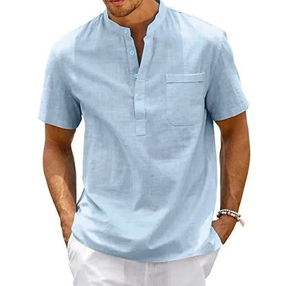 Mens Cotton Linen Short Sleeve Shirt With Henley Neck And Pocket For Casual Beachwear And Street St 7