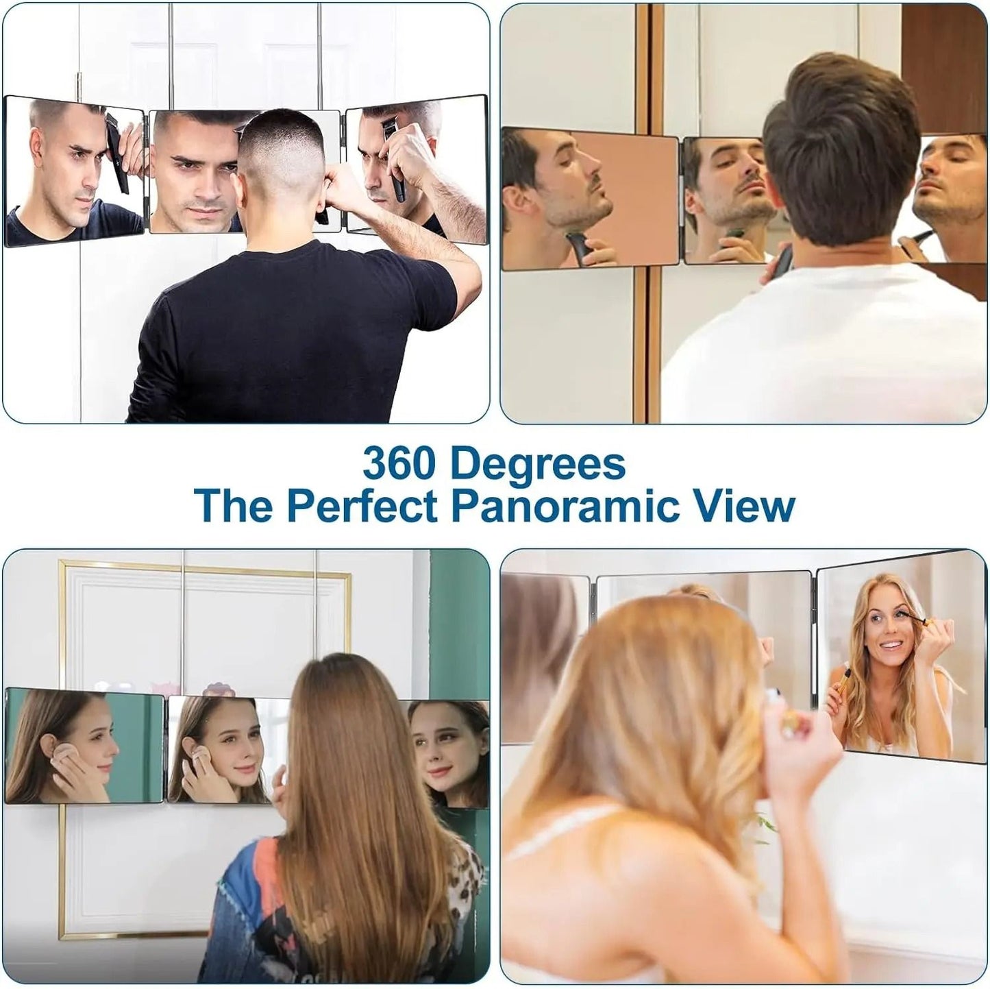 Black Portable 360 Degree Trifold Mirror With Adjustable Telescoping Hooks For Self Hair Cutting An 1