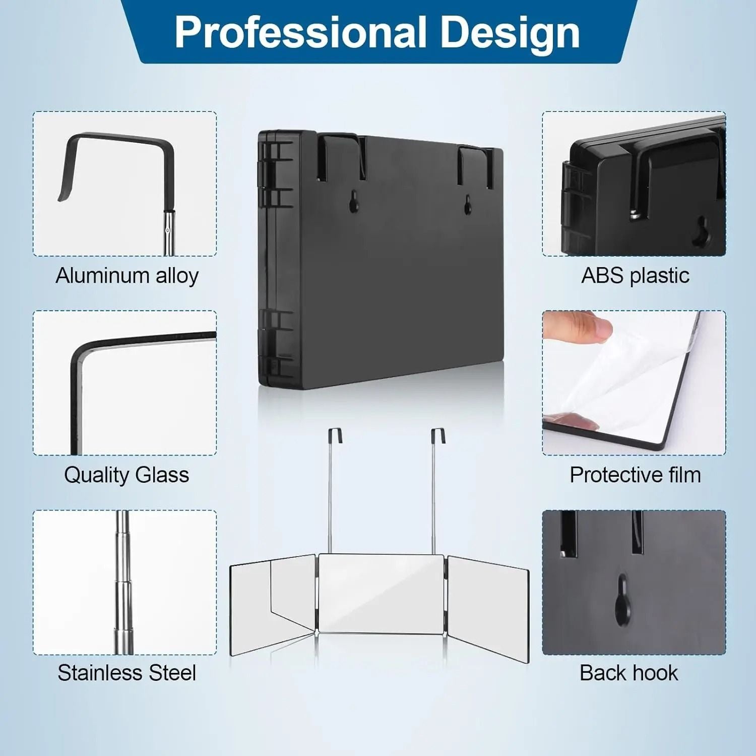 Black Portable 360 Degree Trifold Mirror With Adjustable Telescoping Hooks For Self Hair Cutting An 3