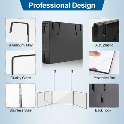 Black Portable 360 Degree Trifold Mirror With Adjustable Telescoping Hooks For Self Hair Cutting An 3