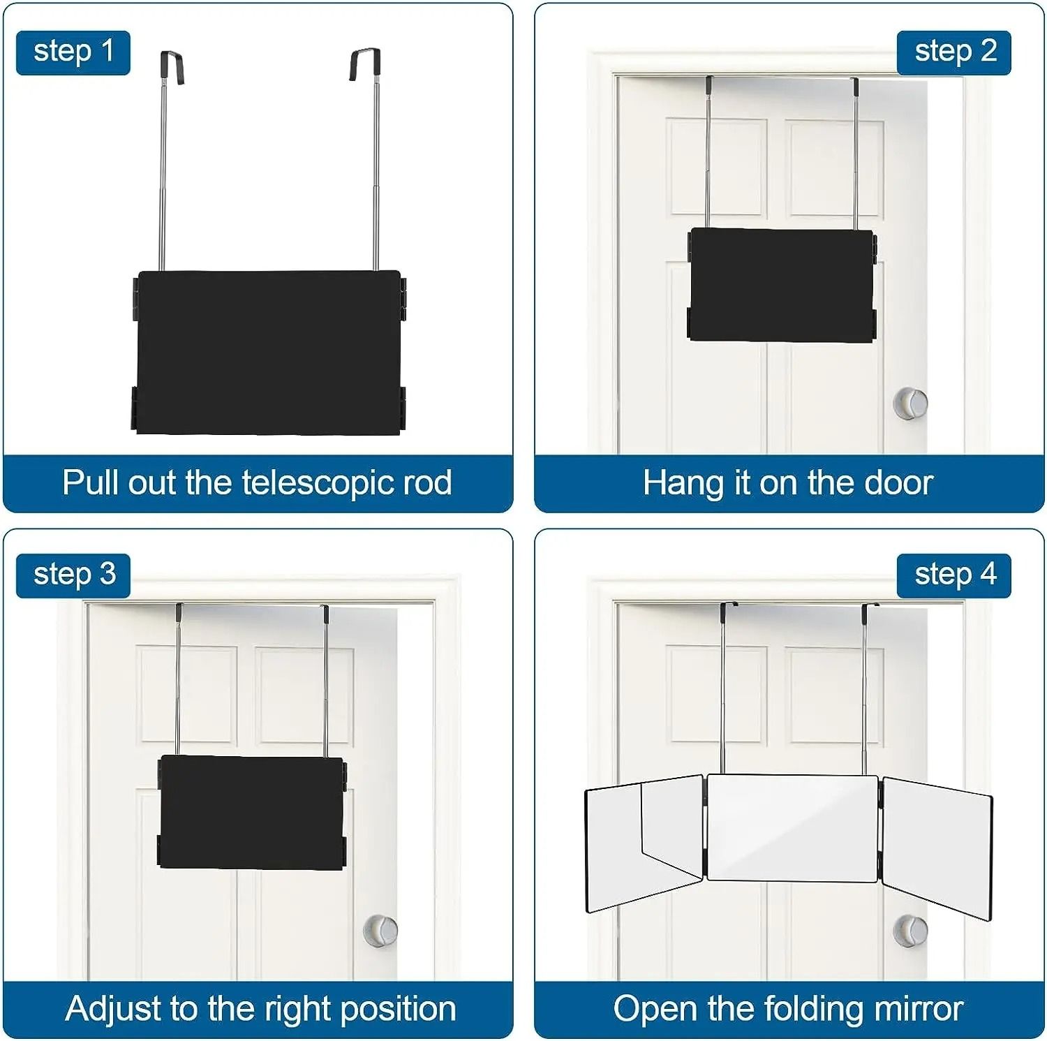 Black Portable 360 Degree Trifold Mirror With Adjustable Telescoping Hooks For Self Hair Cutting An 4