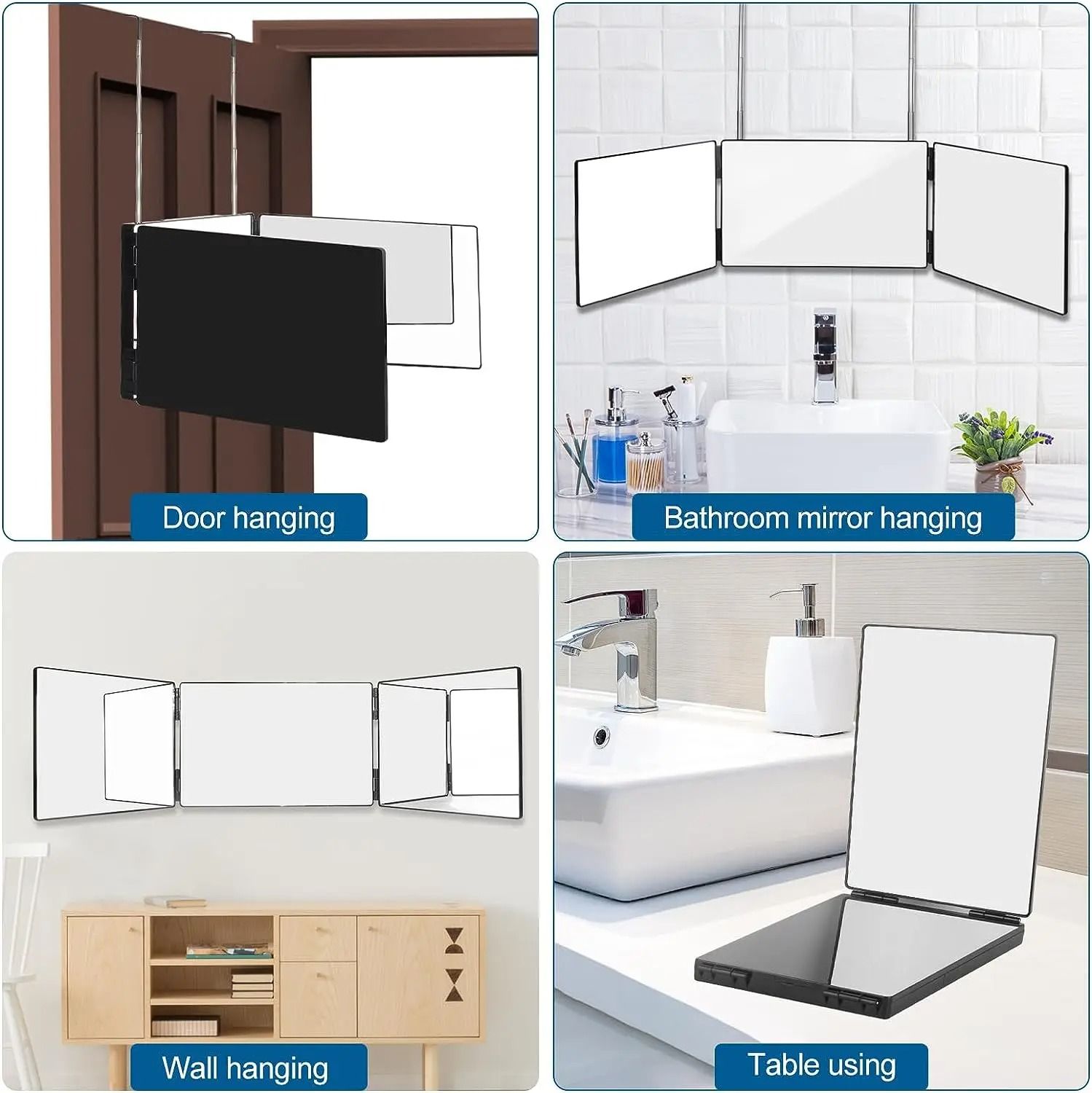 Black Portable 360 Degree Trifold Mirror With Adjustable Telescoping Hooks For Self Hair Cutting An 5