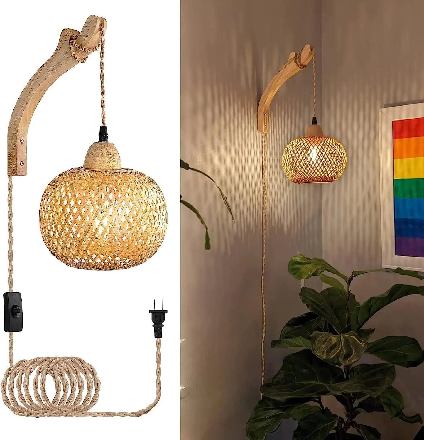 Bamboo Lantern Wall Lamp Natural Rattan Light Fixture