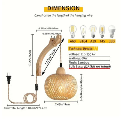 Bamboo Lantern Wall Lamp Natural Rattan Light Fixture 5