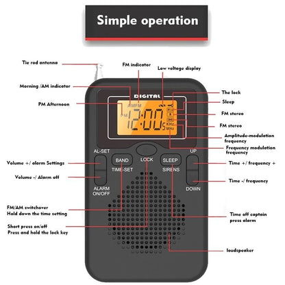 Portable FM AM Radio With LCD Alarm Clock Battery Powered 5