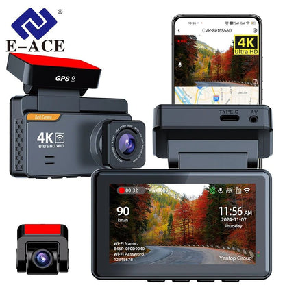 EACE 4K Dash Cam Mini Car DVR with GPS and WiFi Dual Lens Night Vision Front and Rear Camera System