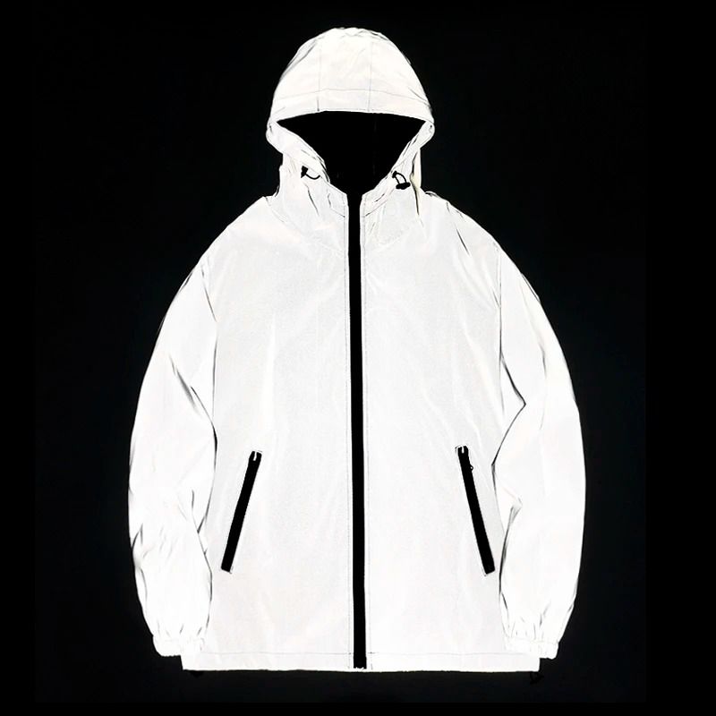 Night Reflective Jackets Double Fabric Windbreaker Hooded Jacket Men Hip Hop Dancer Waterproof Zipp