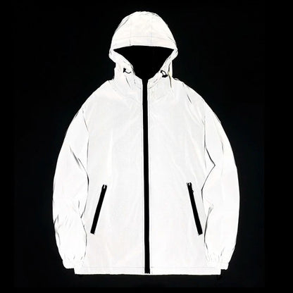 Night Reflective Jackets Double Fabric Windbreaker Hooded Jacket Men Hip Hop Dancer Waterproof Zipp