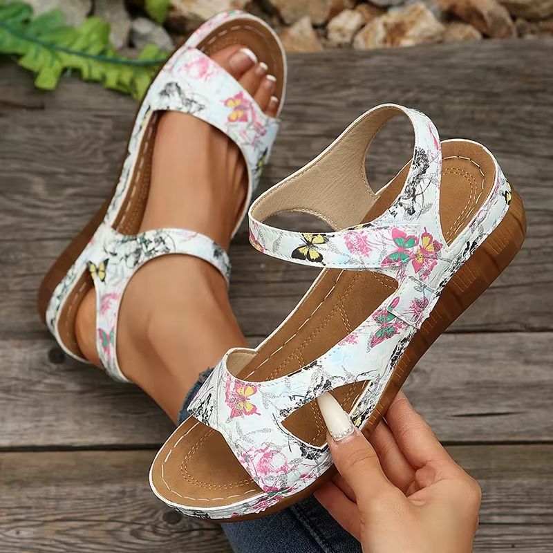 Vintage Print Wedge Sandals for Women – Non-Slip Summer Platform Shoes with Ankle Strap