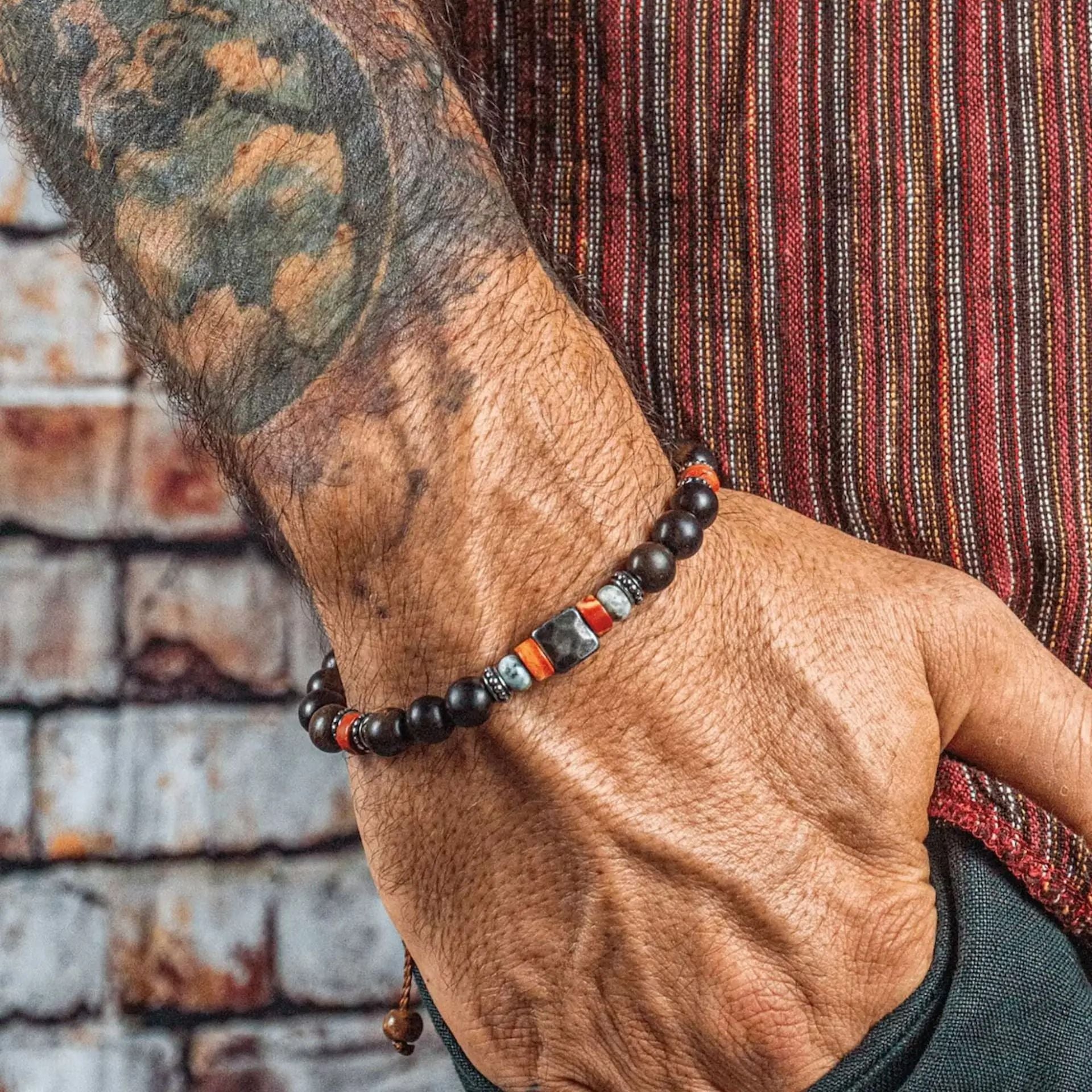 Vintage Beaded Bracelet For Men With Skull And Natural Stone Accents 1