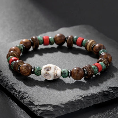 Vintage Beaded Bracelet For Men With Skull And Natural Stone Accents 6
