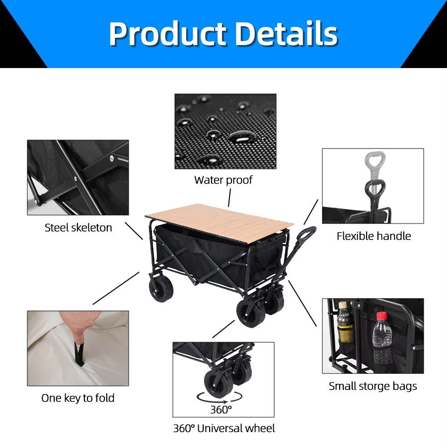 Collapsible Folding Utility Wagon Cart Heavy Duty Outdoor Beach Trolley With Large Capacity 1