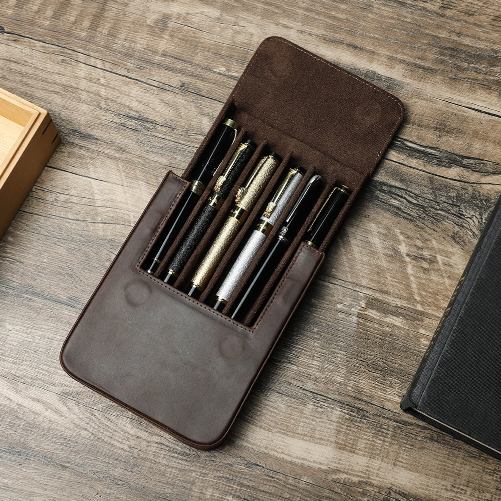 Leather Fountain Pen Case Handmade Cowhide Pen Pouch Organizer For Adults Students Office Retro Pen 1