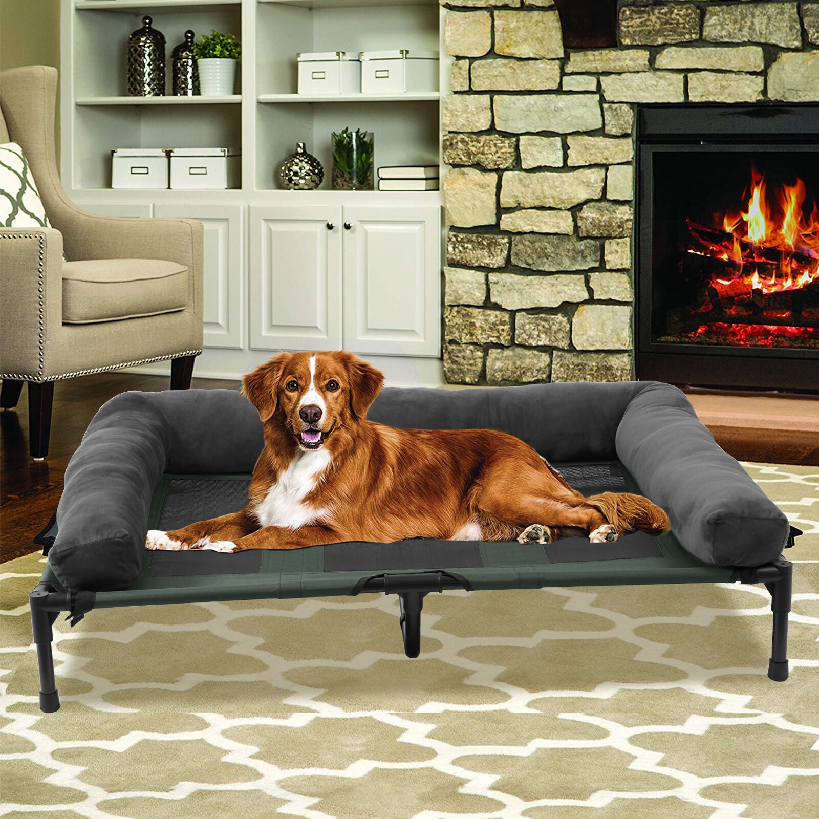 Extra Large Cooling Elevated Dog & Pet Cot Bed, Waterproof Raised Lounger with Supportive Bolster, Indoor/Outdoor Use