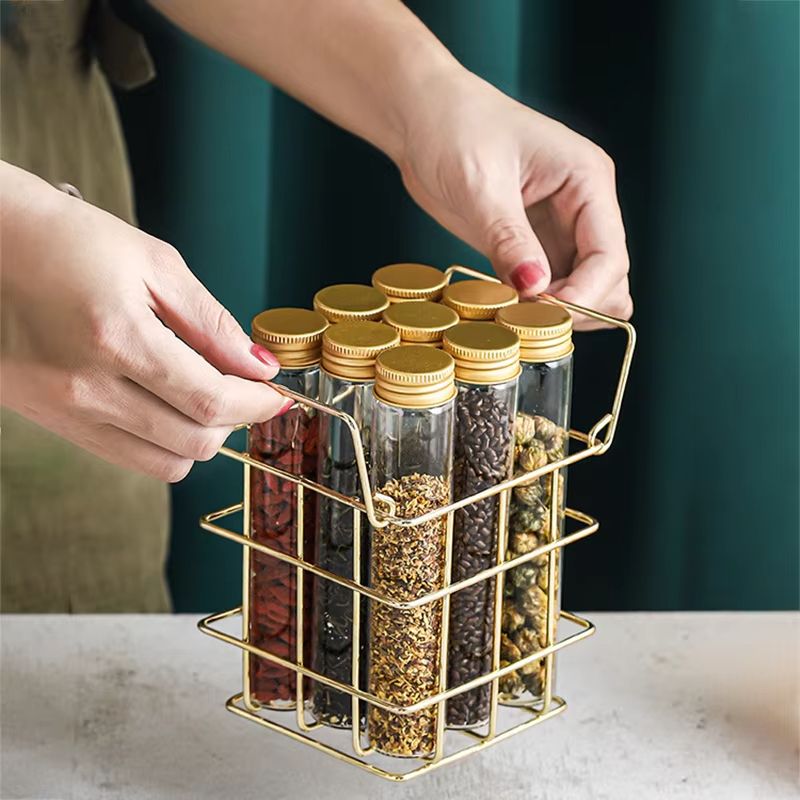 Glass Jar Storage Basket Set – 9-Piece Spice Organizer with Lids and Gold Metal Rack for Tea, Coffee, Candy & More