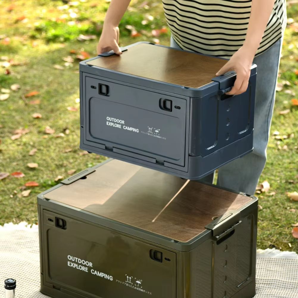 30L Collapsible Storage Bin with Wooden Lid – Portable Large Capacity Side Opening Box for Home and Outdoor Use