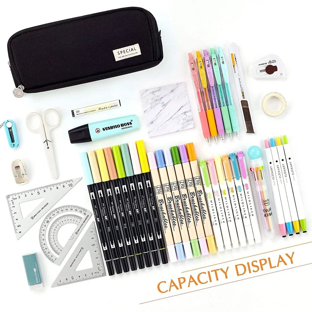 Large Pencil Case Storage Organizer, 3 Compartment Student Pouch, Double Side Opened School Supplies Gift