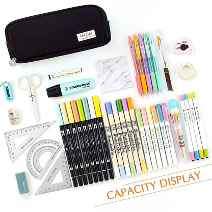 Large Pencil Case Storage Organizer, 3 Compartment Student Pouch, Double Side Opened School Supplies Gift