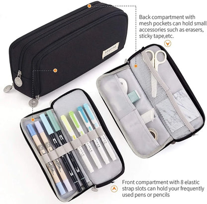 Large Pencil Case Storage Organizer, 3 Compartment Student Pouch, Double Side Opened School Supplies Gift