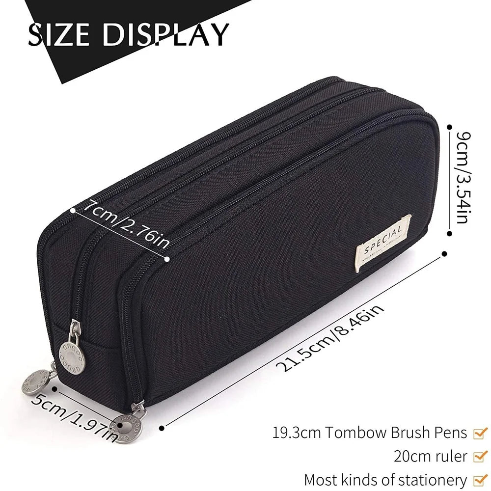 Large Pencil Case Storage Organizer, 3 Compartment Student Pouch, Double Side Opened School Supplies Gift
