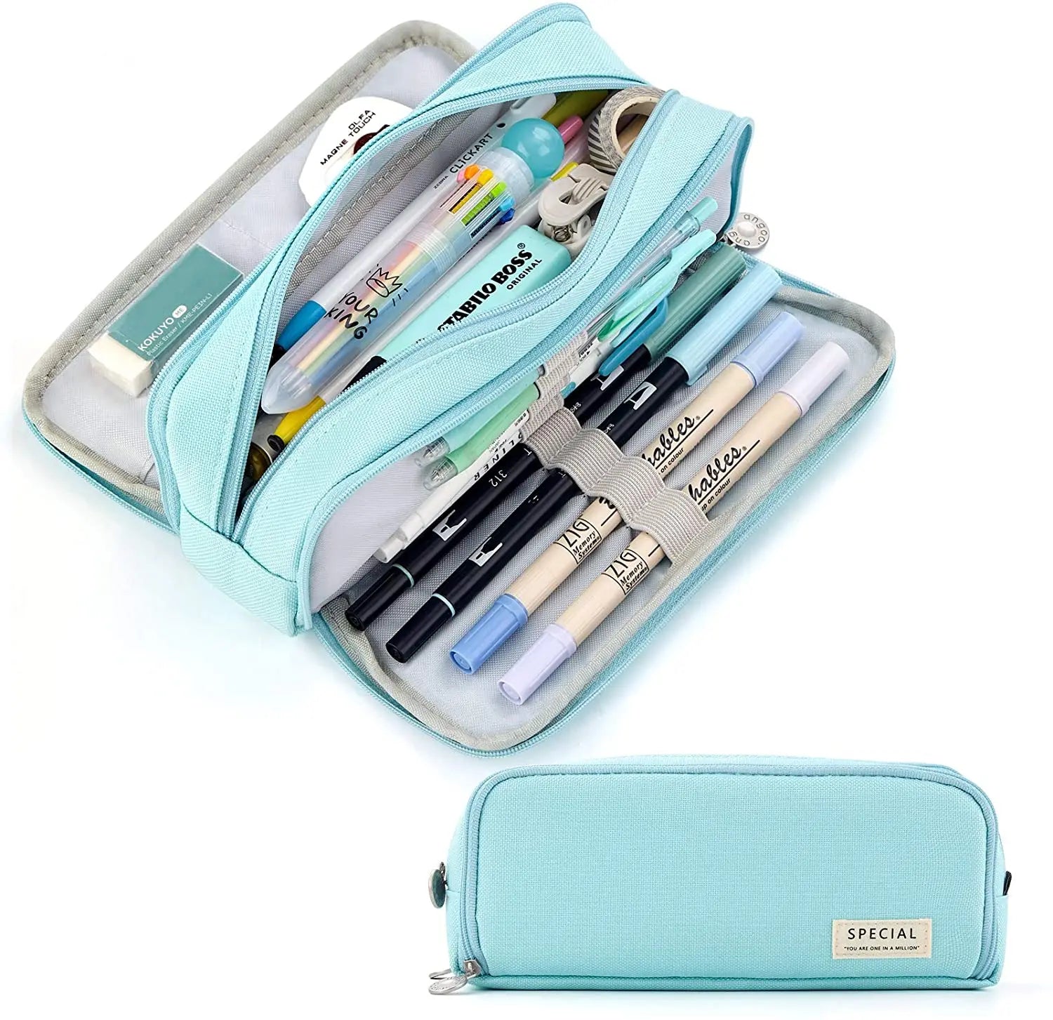 Large Pencil Case Storage Organizer, 3 Compartment Student Pouch, Double Side Opened School Supplies Gift