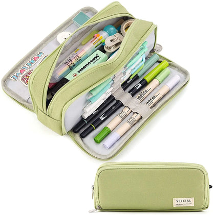 Large Pencil Case Storage Organizer, 3 Compartment Student Pouch, Double Side Opened School Supplies Gift