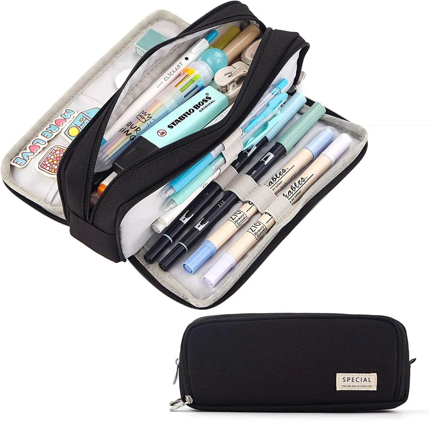 Large Pencil Case Storage Organizer, 3 Compartment Student Pouch, Double Side Opened School Supplies Gift