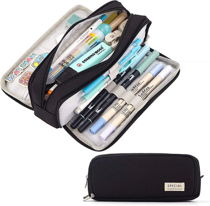 Large Pencil Case Storage Organizer, 3 Compartment Student Pouch, Double Side Opened School Supplies Gift