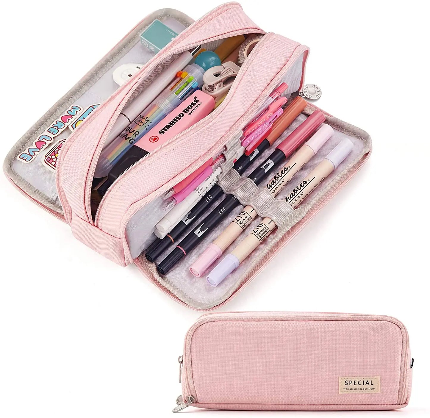 Large Pencil Case Storage Organizer, 3 Compartment Student Pouch, Double Side Opened School Supplies Gift