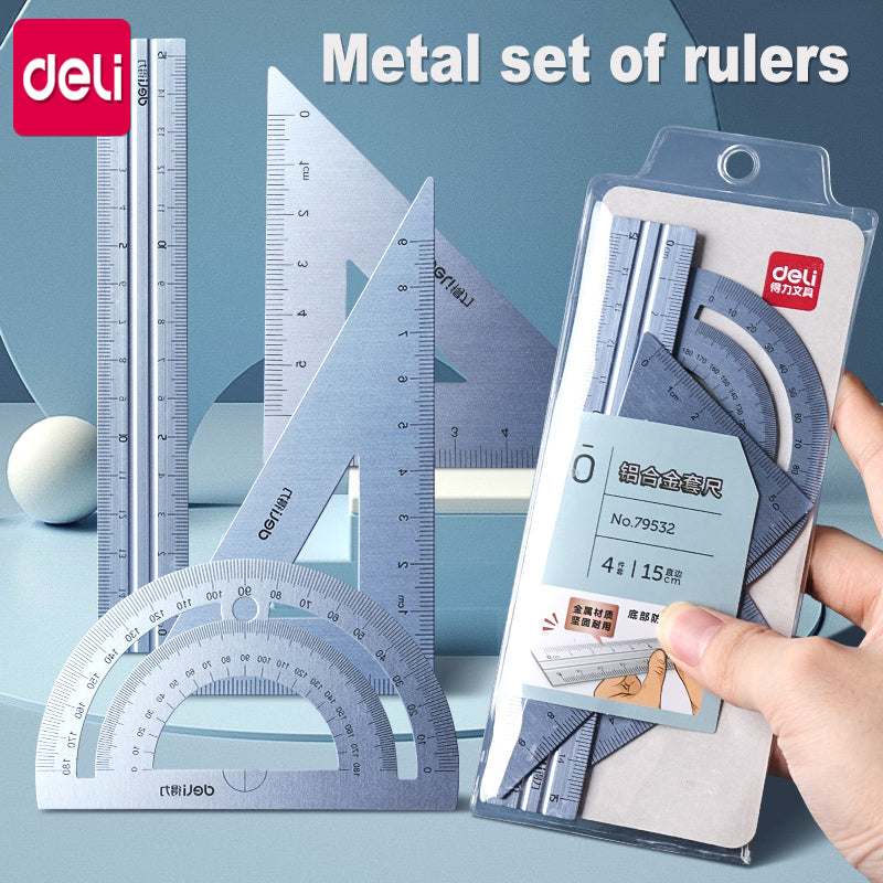 4 in 1 Deli Metal Ruler Set, Triangle Measuring Ruler for Kids, Drawing Straight Ruler School Office Accessories