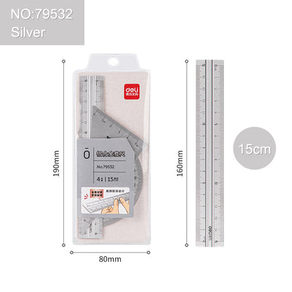 4 In 1 Deli Metal Ruler Set Triangle Measuring Ruler For Kids Drawing Straight Ruler School Office  7