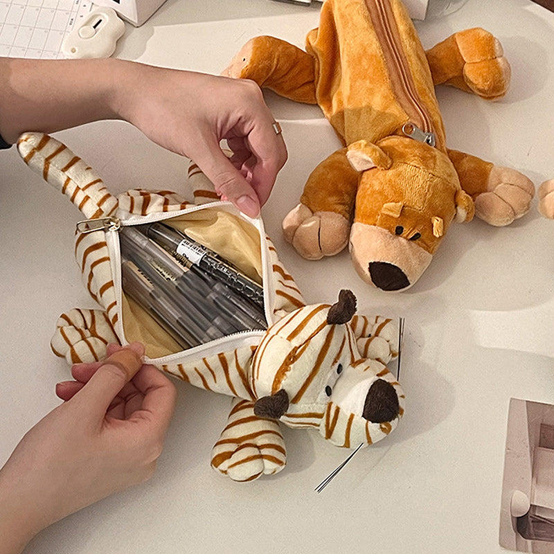 Plush Cartoon Animal Pen Case for Kids Elephant Lion Style, School Stationery Organizer Bag, Back to School Gift