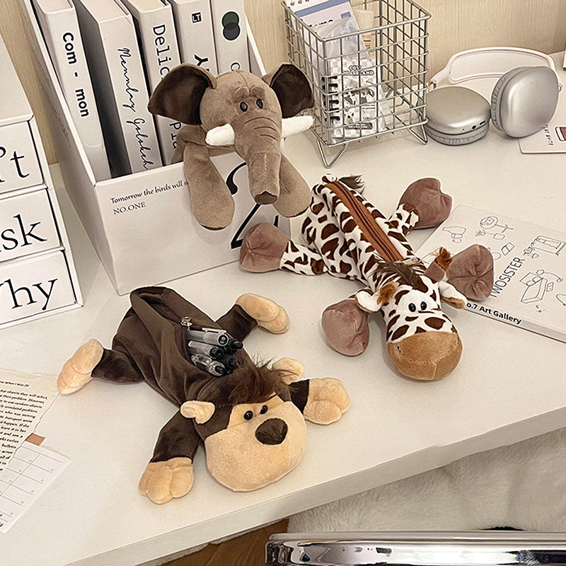 Plush Cartoon Animal Pen Case for Kids Elephant Lion Style, School Stationery Organizer Bag, Back to School Gift