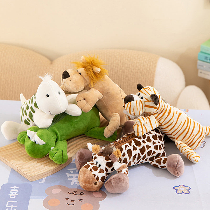 Plush Cartoon Animal Pen Case for Kids Elephant Lion Style, School Stationery Organizer Bag, Back to School Gift