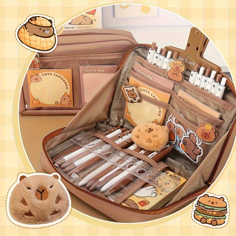 Cute Capybara Stationery Set , School Pencil Case Box with Stickers, Multi-Layer Organizer, Brooch, Keychain Gift
