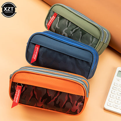 Camouflage Canvas Pencil Case with Double Zipper, School Stationery Bag for Boys Girls, Student Supplies Organizer