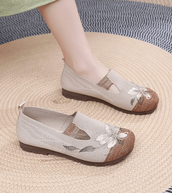 BreezeWalk Womens Embroidered Breathable Mesh Flats Soft Sole Anti Slip Summer Shoes