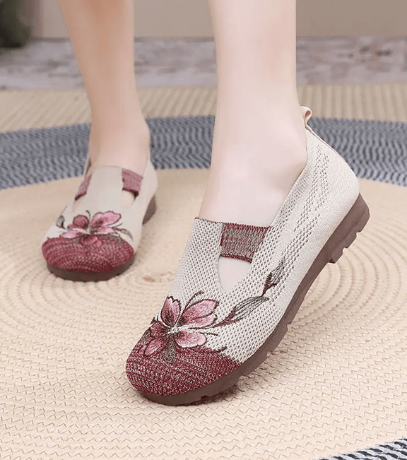 BreezeWalk Womens Embroidered Breathable Mesh Flats Soft Sole Anti Slip Summer Shoes 1