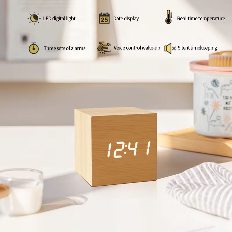 Minimalist Wooden LED Alarm Clock  SoundActivated Display With Temperature For Bedroom Or Office De 3