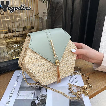 Boho Straw Rattan Shoulder Bag – Hexagon Handmade Woven Summer Handbag with Leather Strap