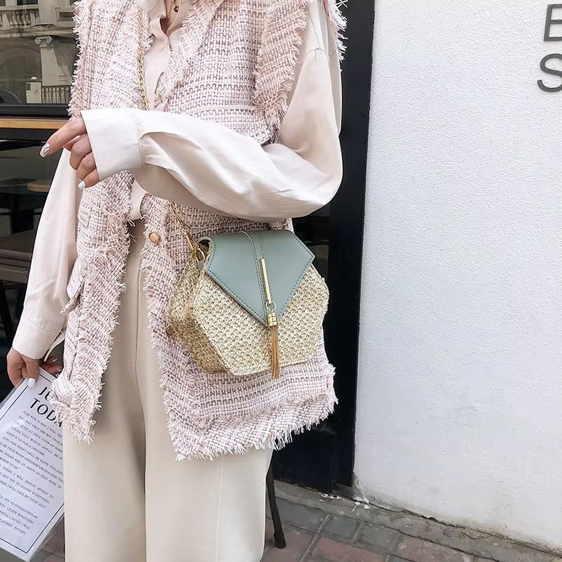 Boho Straw Rattan Shoulder Bag  Hexagon Handmade Woven Summer Handbag With Leather Strap 1