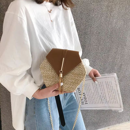 Boho Straw Rattan Shoulder Bag  Hexagon Handmade Woven Summer Handbag With Leather Strap 2