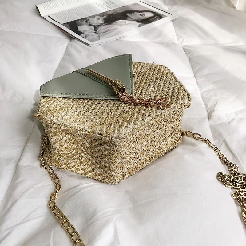 Boho Straw Rattan Shoulder Bag  Hexagon Handmade Woven Summer Handbag With Leather Strap 3