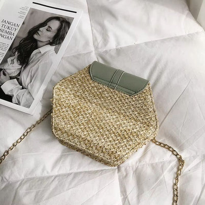 Boho Straw Rattan Shoulder Bag  Hexagon Handmade Woven Summer Handbag With Leather Strap 4