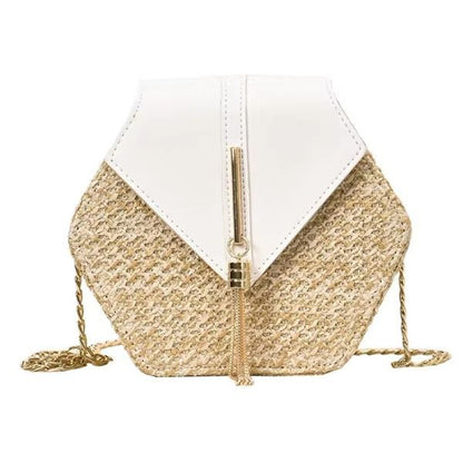 Boho Straw Rattan Shoulder Bag  Hexagon Handmade Woven Summer Handbag With Leather Strap 9
