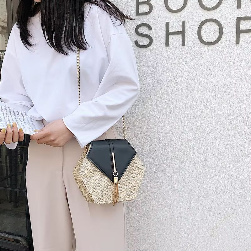Boho Straw Rattan Shoulder Bag  Hexagon Handmade Woven Summer Handbag With Leather Strap 5