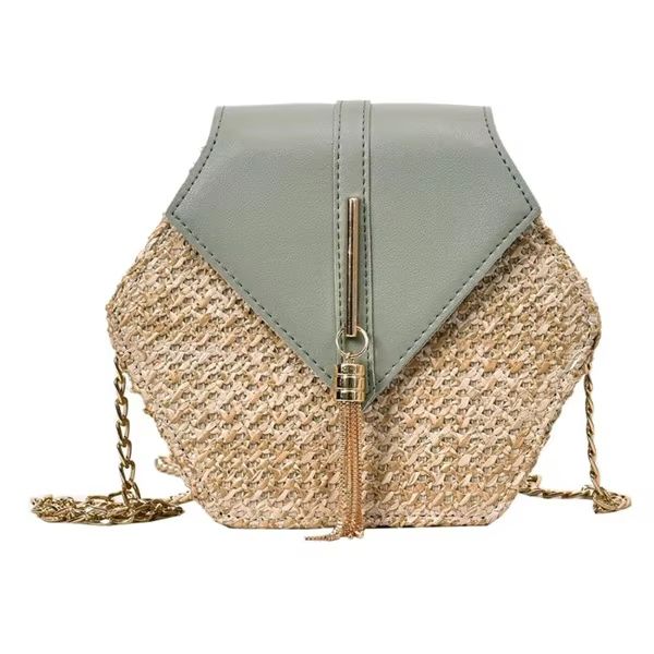 Boho Straw Rattan Shoulder Bag  Hexagon Handmade Woven Summer Handbag With Leather Strap 6