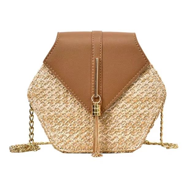 Boho Straw Rattan Shoulder Bag  Hexagon Handmade Woven Summer Handbag With Leather Strap 7
